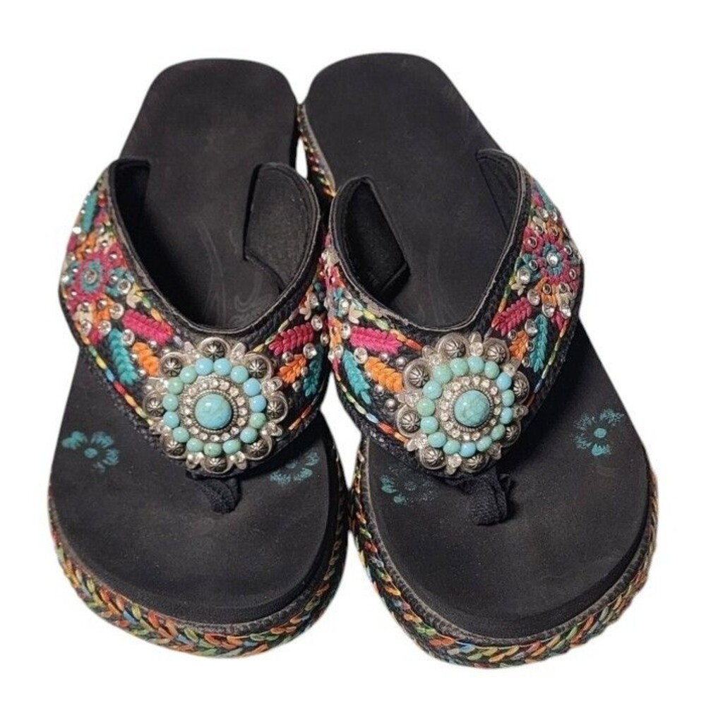 Montana West Embroidered Wedge Flip-Flops Boho Concho Rhinestones Size 10 - Picture 2 of 7